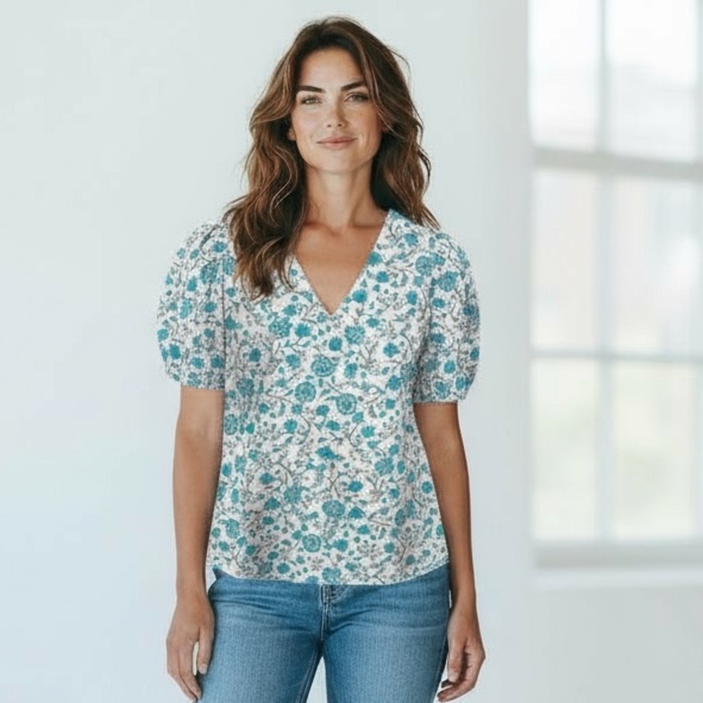 Draper James Women's S V-Neck Puff Sleeve Blouse Top‎ Blue Floral NWT 9264